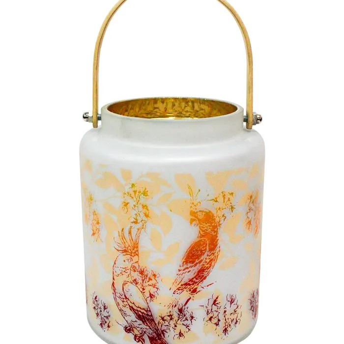Linterna de Vidrio Blanco con Estampado de Loros