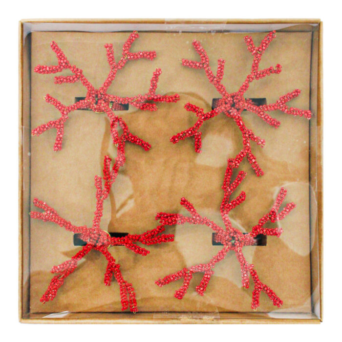Juego de 4 servilleteros con chaquiras rojas diseño coral de 4cm
