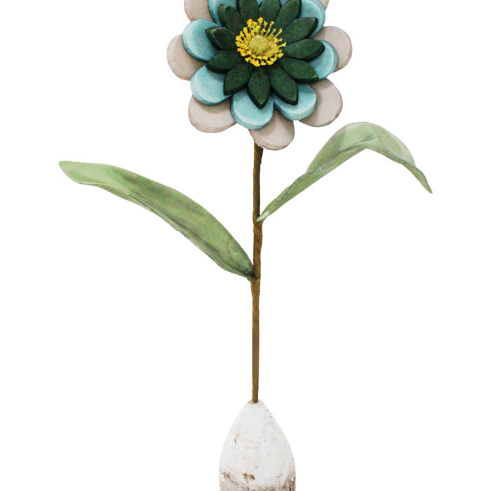 Flor de látex azul con verde y gris en base de madera de 12x12x35cm