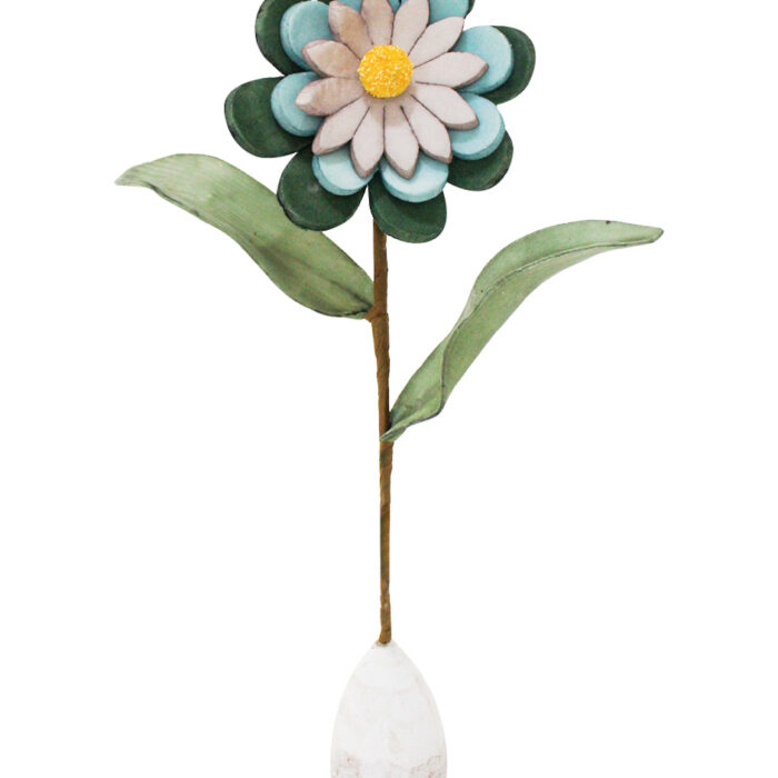 Flor de látex azul con verde y lila en base de madera de 12x12x35cm