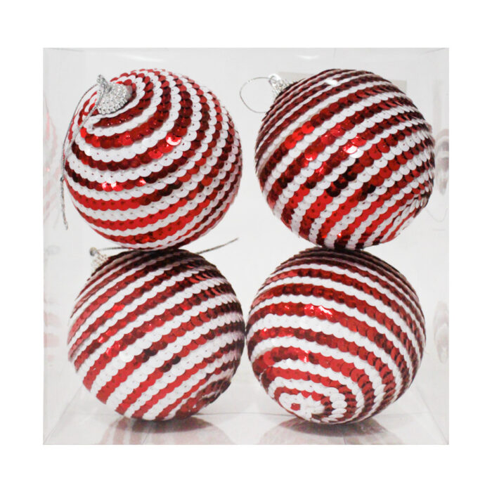 Caja de 4 Esferas de Lentejuelas "Espiral Roja y Blanca"