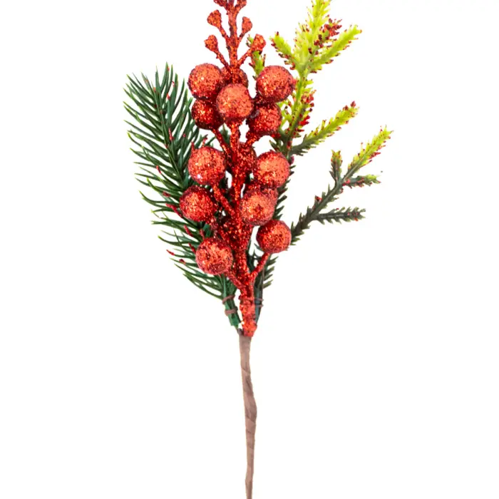 Pick de Follaje Verde con Berries Rojos Diamantados