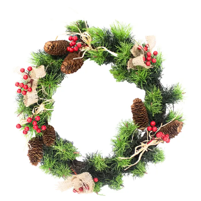 Corona con Follaje Verde, Piñas y Berries