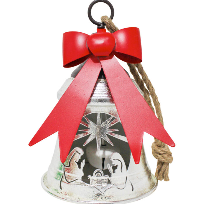 Campana Plateada con Moño Rojo y Nacimiento Calado