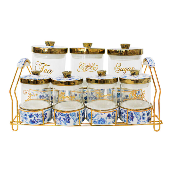 Set de 7 Especieros Diseño Flores en Charola Dorada