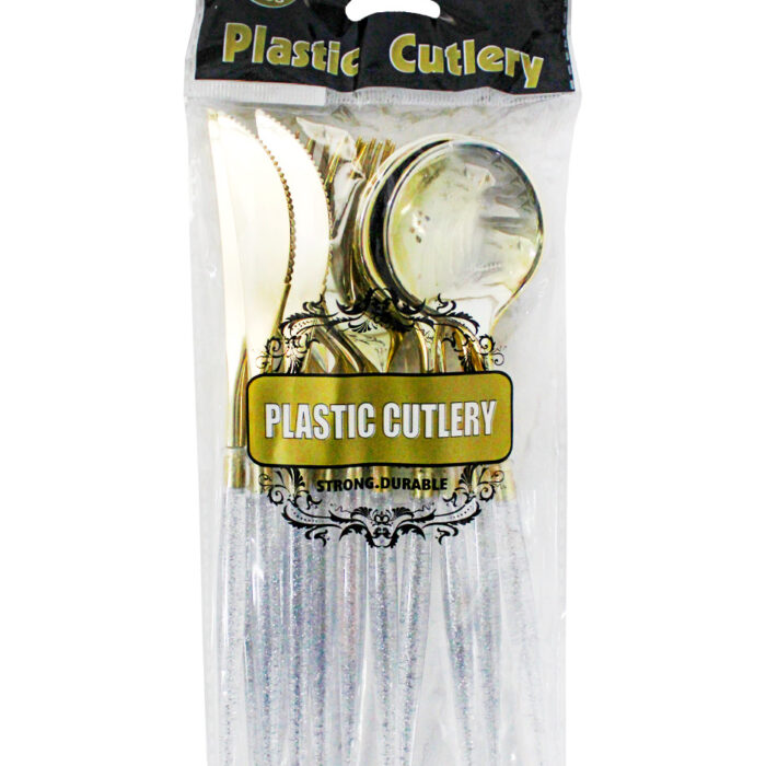 Juego de 12 cubiertos de plástico transparente con dorado cuchara/cuchillo/tenedor de 11x26x2.5cm