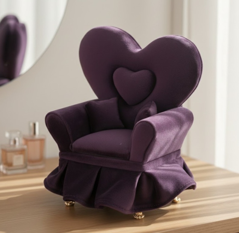 Alhajero Mini Sillón Corazón Amatista en terciopelo morado con diseño de corazón para organización de joyas en Galerías El Triunfo.