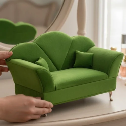 Alhajero Mini Diván Green Velvet en terciopelo verde con diseño de lujo para organización de joyas en Galerías El Triunfo.