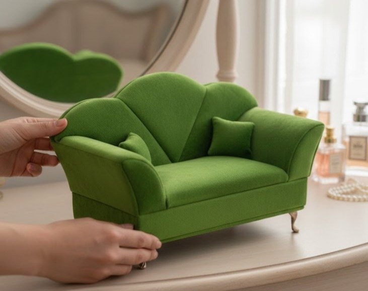 Alhajero Mini Diván Green Velvet en terciopelo verde con diseño de lujo para organización de joyas en Galerías El Triunfo.