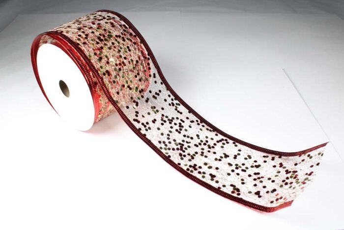 Rollo de listón de malla con lentejuelas rojas con dorado - Image 2