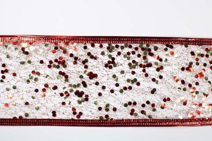 Rollo de listón de malla con lentejuelas rojas con dorado - Image 3