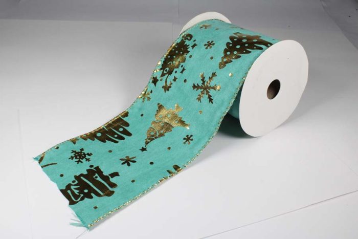 Rollo de listón de tela azul aqua con copos dorado - Image 2