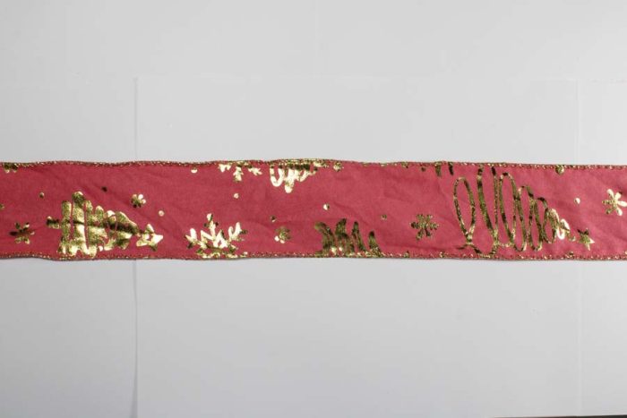 Rollo de listón de tela rosa con pinos dorados - Image 3