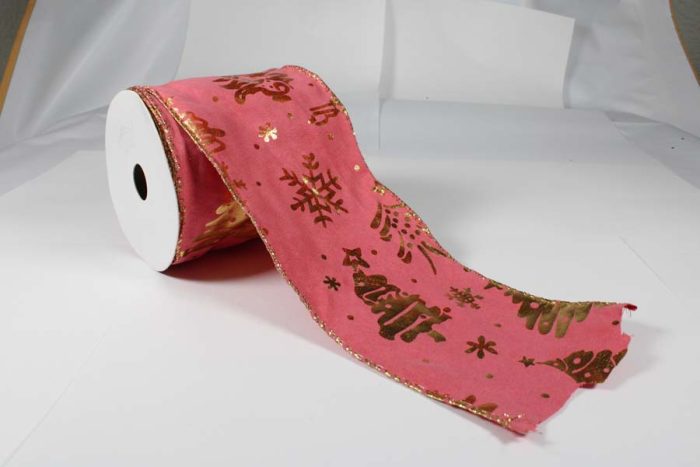 Rollo de listón de tela rosa con pinos dorados - Image 2