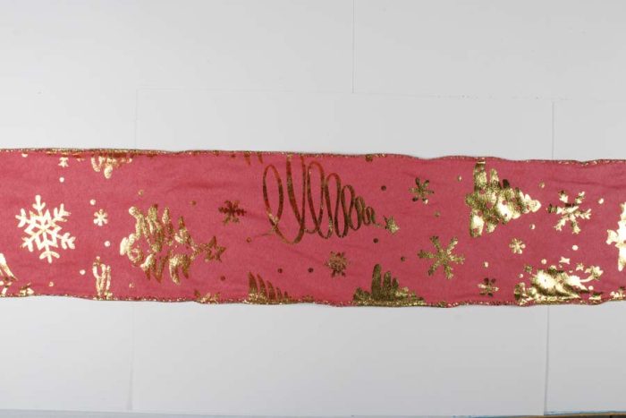 Rollo de listón de tela rosa con pinos dorados - Image 3