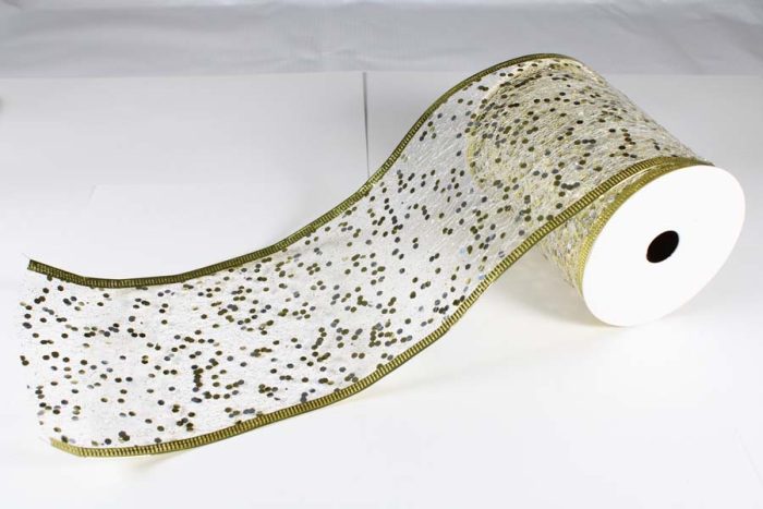 Rollo de listón de malla blanca con dorado - Image 2