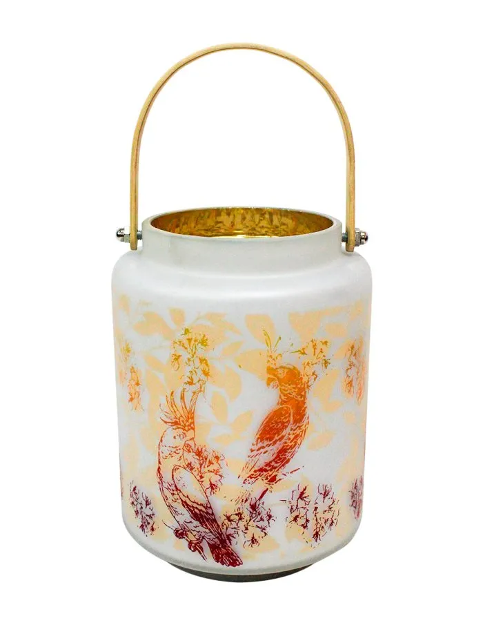Linterna de Vidrio Blanco con Estampado de Loros
