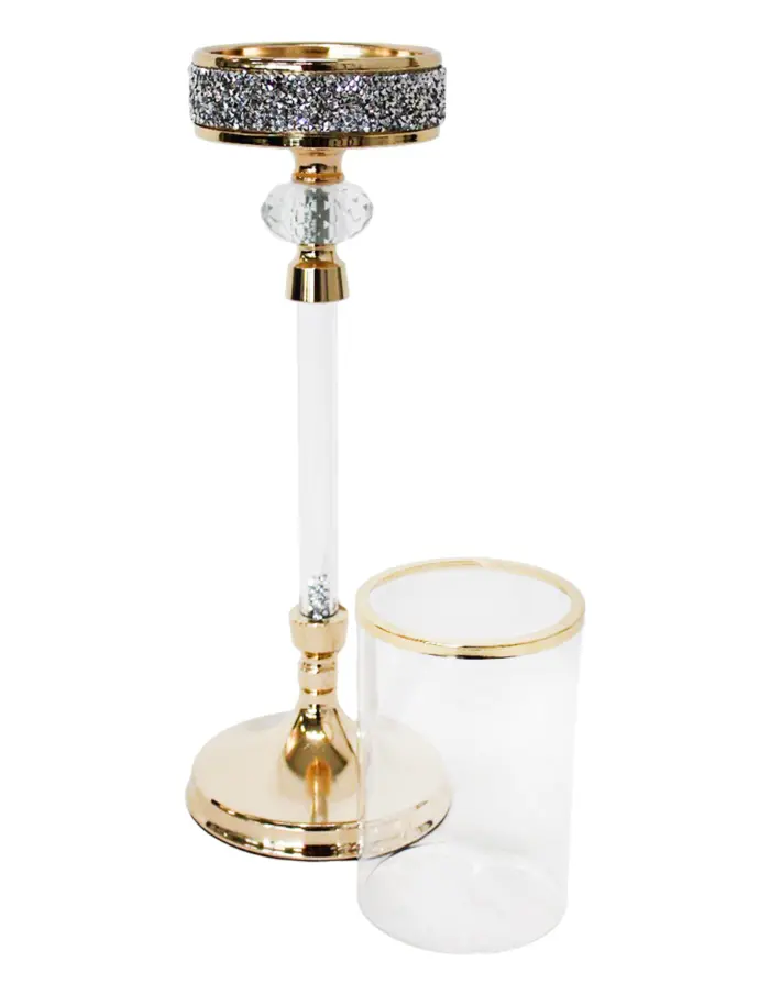 Candelabro de metal dorado con cilindro de vidrio de 11.5x11.5x51cm - Image 2