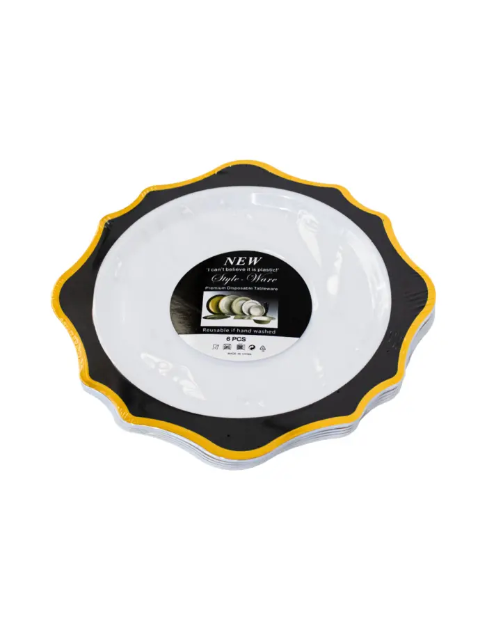 Juego de 6 platos blancos con orilla ondulada negra con dorado de plastico de 17cm - Image 2