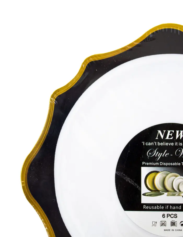 Juego de 6 platos blancos con orilla ondulada negra con dorado de plastico de 17cm - Image 3
