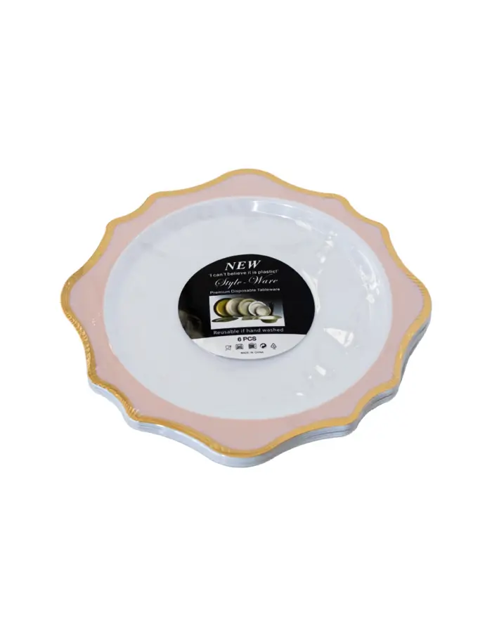Juego de 6 platos blancos con orilla ondulada rosa con dorado de plastico de 17cm - Image 2