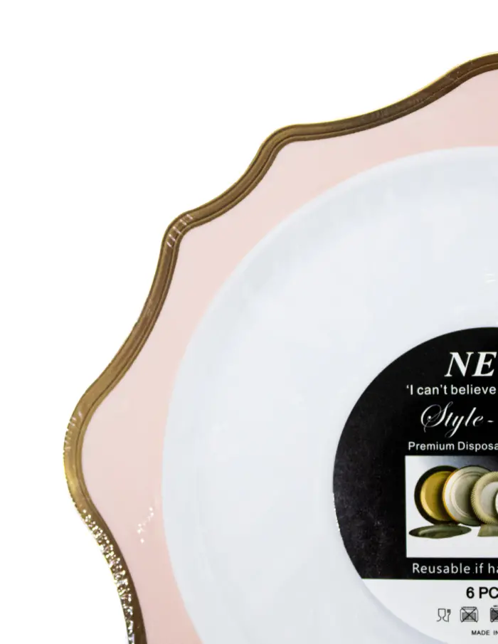 Juego de 6 platos blancos con orilla ondulada rosa con dorado de plastico de 17cm - Image 3
