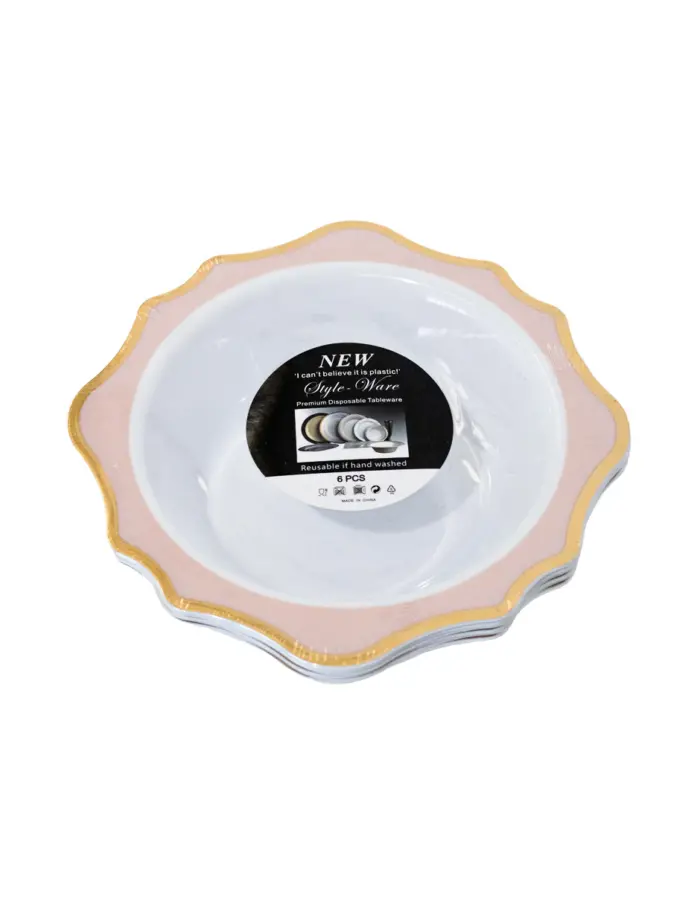 Juego de 6 bowl blancos con orilla ondulada rosa con dorado de plastico de 17cm - Image 2