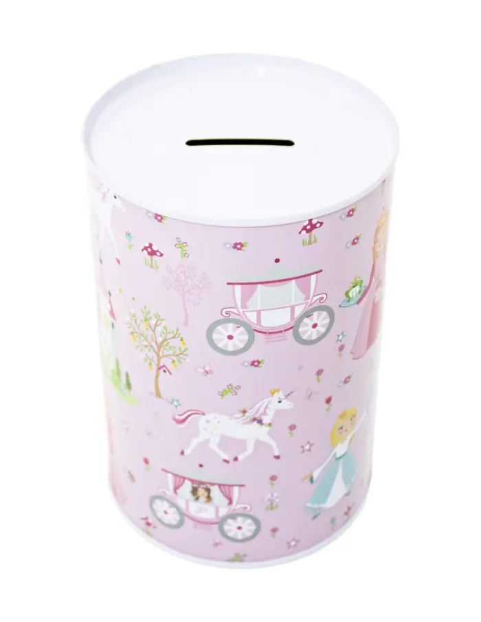 Alcancía metálica estampado princesas con carruaje rosa de 10x10x15cm - Image 2