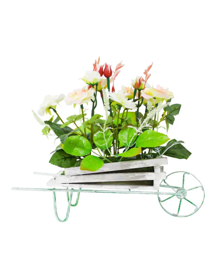 Maceta diseño carretilla con rosas blancas de 13x27x24cm - Image 2