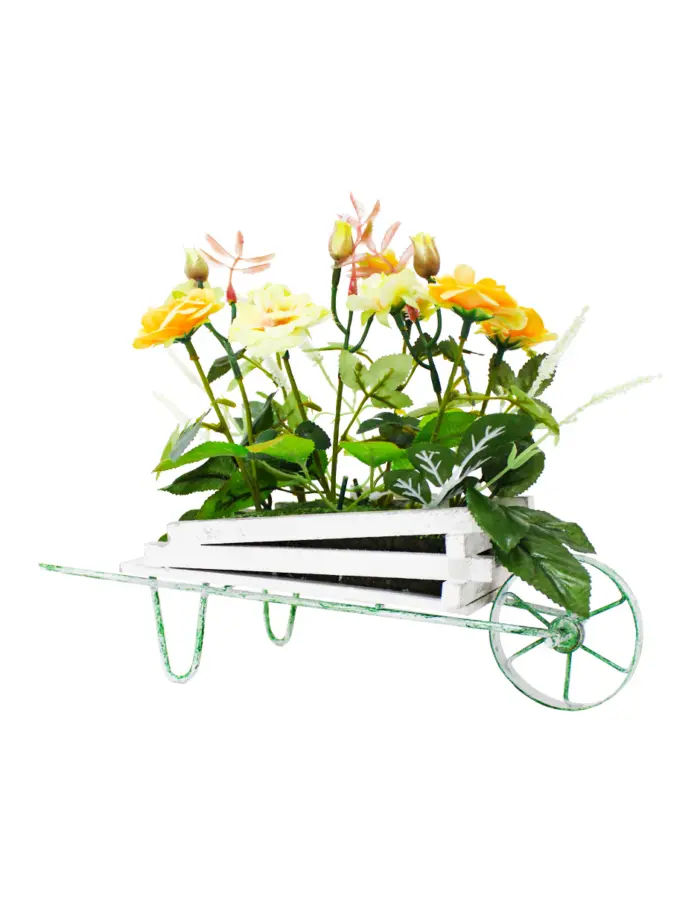 Maceta diseño carretilla con rosas amarillas de 13x27x24cm - Image 2