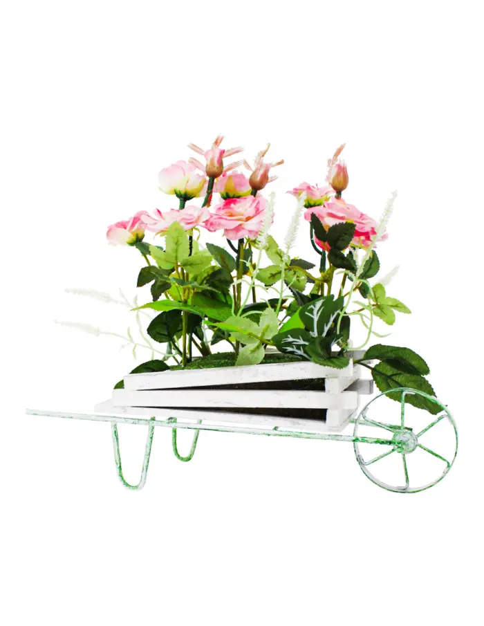 Maceta diseño carretilla con rosas rosa de 13x27x24cm - Image 2