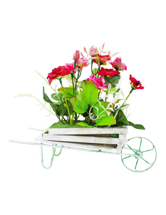 Maceta diseño carretilla con rosas rojas de 13x27x24cm - Image 2