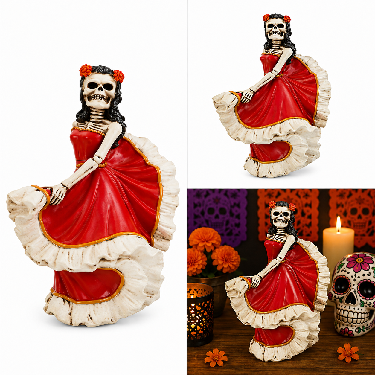 Catrina Bailarina con Vestido Rojo y Olanes