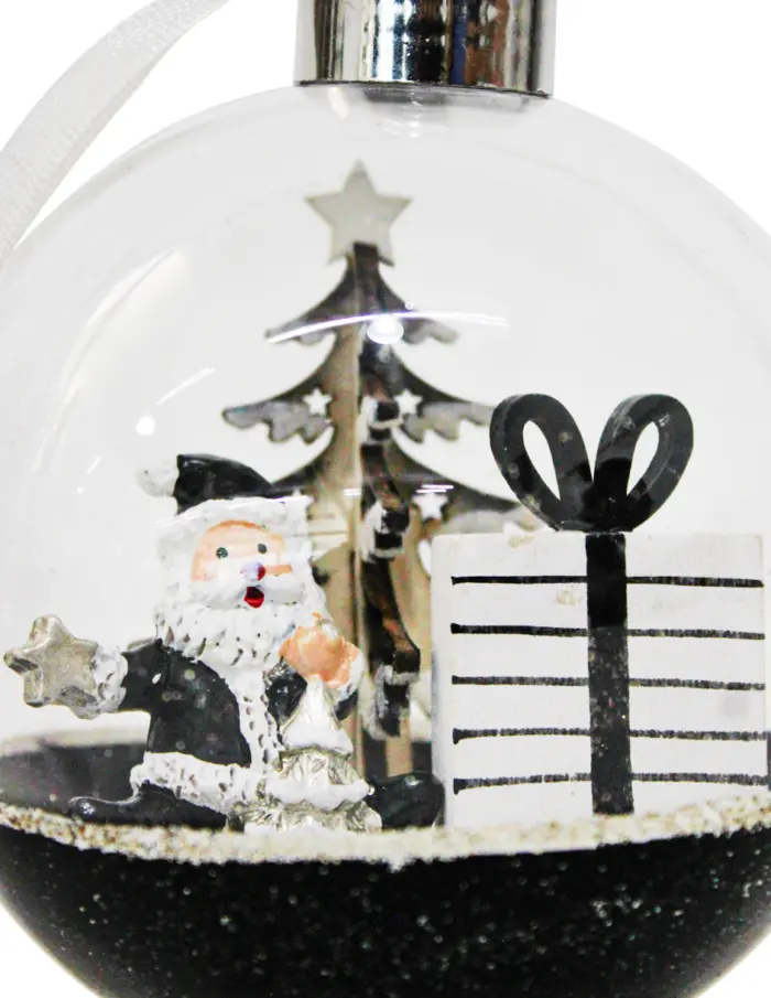 Esfera navideña de acrilico transparente con negro y Santa con regalo - Image 2