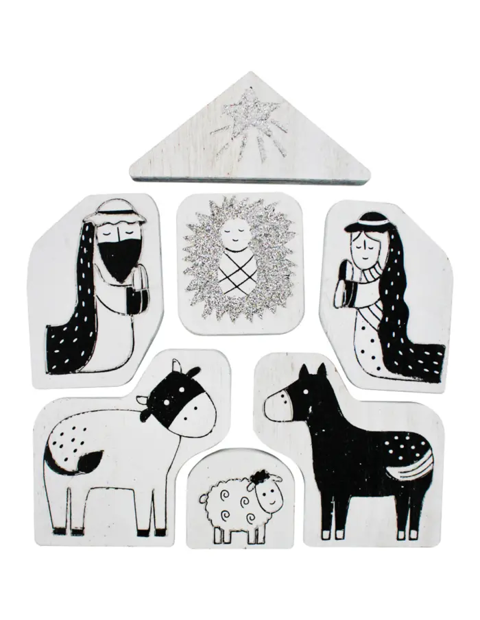 Nacimiento de madera blanca y negro con 7 piezas19x17x1.5cm - Image 3