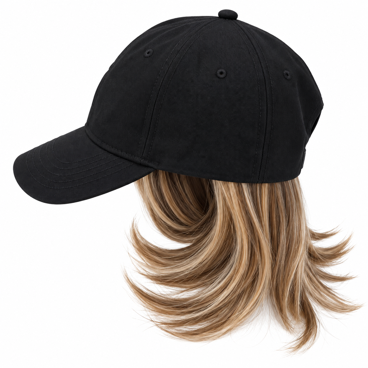 Gorra Lisa Negra con Peluca Castaño - Galerías el Triunfo