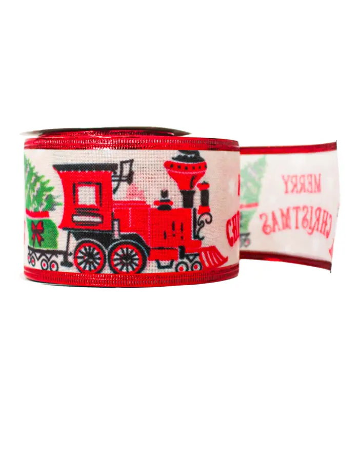 Rollo de listón blanco estampado tren y pino navideño de 6.35cmx10m - Image 2