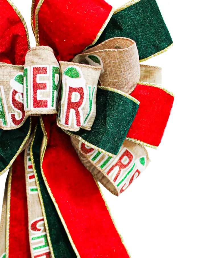 Moño rojo, verde y beige con estampado Merry Christmas de 33x113cm - Image 2