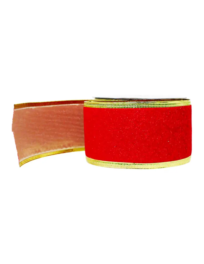 Rollo de listón de terciopelo rojo con filo dorado de 6.35cmx10m - Image 2