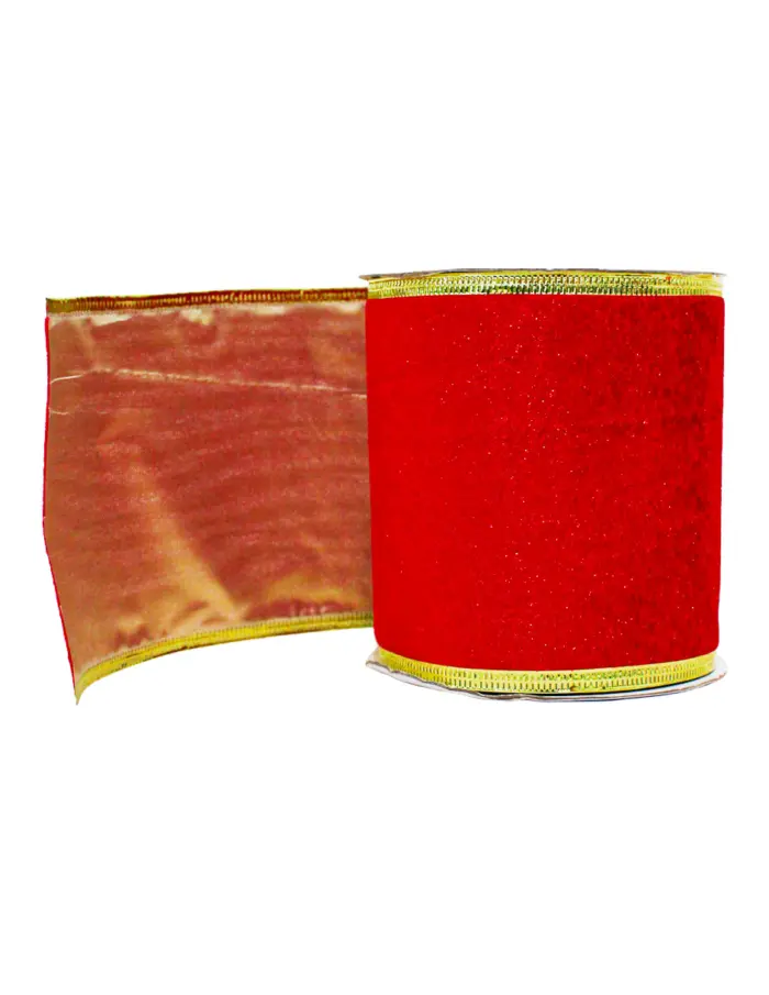 Rollo de listón de terciopelo rojo con filo dorado de 10cmx10m - Image 2