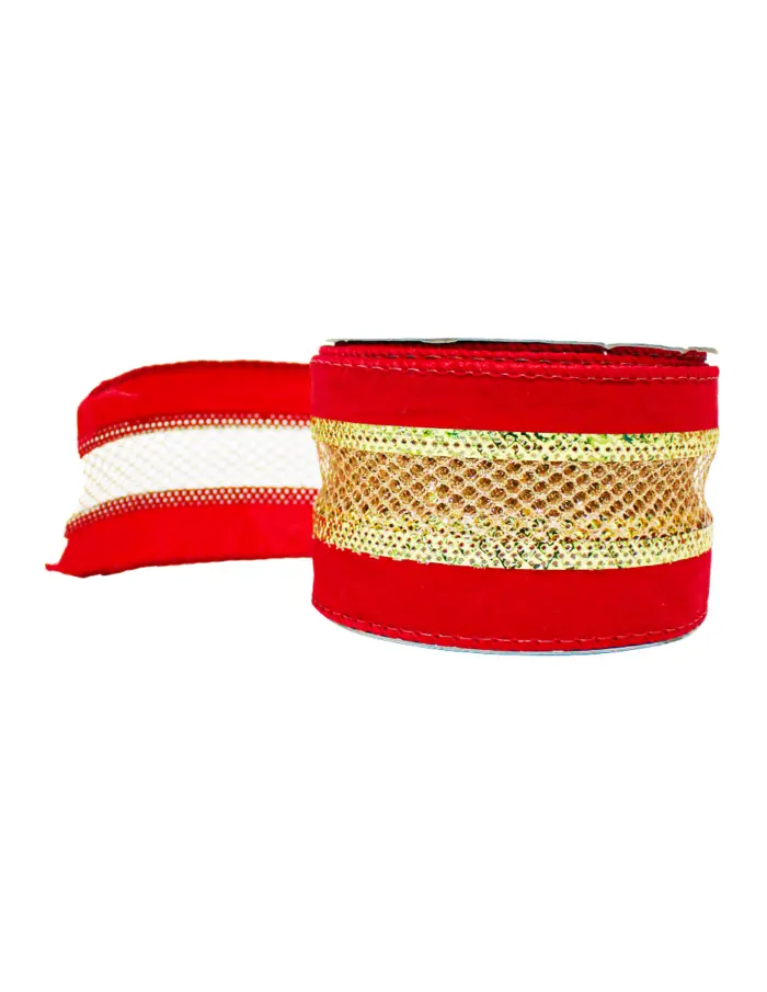 Rollo de listón con orilla de terciopelo rojo y malla dorada de 6.35cmx10m - Image 2