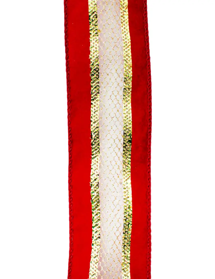 Rollo de listón con orilla de terciopelo rojo y malla dorada de 6.35cmx10m - Image 3