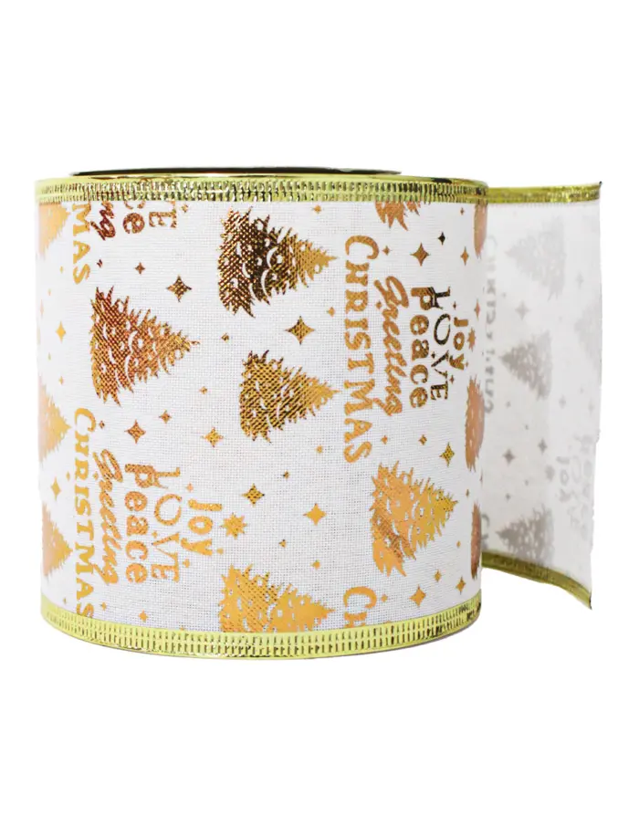Rollo de listón blanco estampado árboles de Navidad dorados de 10cmx10m - Image 2