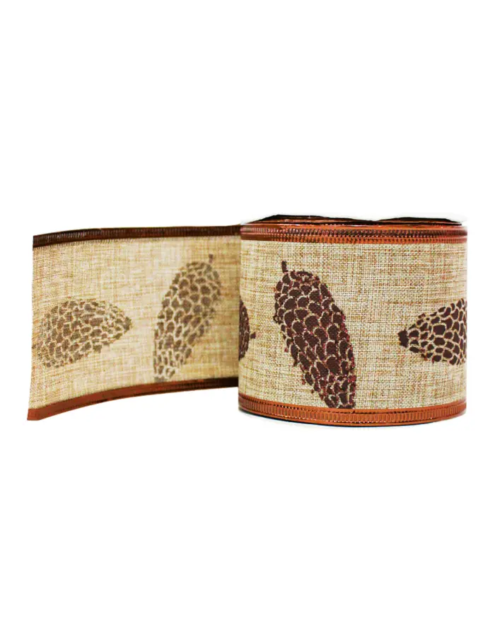 Rollo de listón beige con piñas café de 6.35cmx10m - Image 2