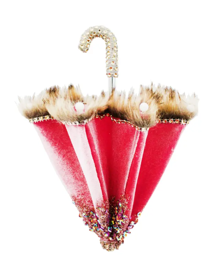Paraguas decorativo de terciopelo rosa con beige y pedreria de 27x22cm - Image 2