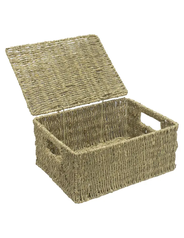 Juego de 3 cestas con tapa tejidas natural de 36x28x18/32x24x15/28x20x12cm - Image 3
