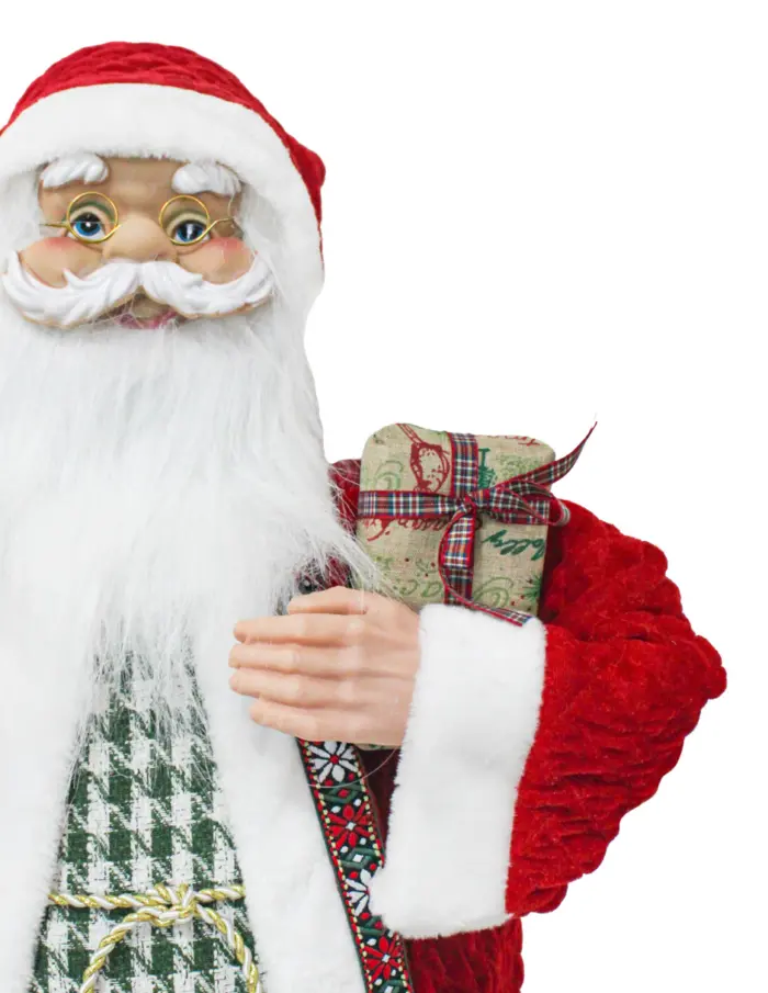 Santa con traje rojo y camisa a cuadros verde con costal y caja de regalo de 35x28x80cm - Image 3