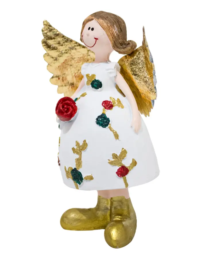 Ángel con botas y alas doradas y flores rojas de 8x6x14cm - Image 2