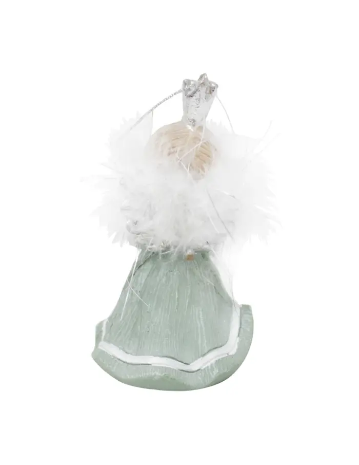 Reina de poliresina verde con corona y plumas blancas de 5.5x5x9.5cm - Image 2