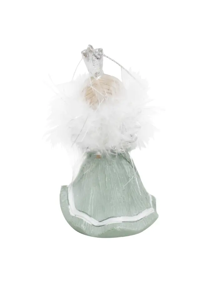 Reina de poliresina verde con corona y plumas blancas de 5.5x5x9.5cm - Image 2